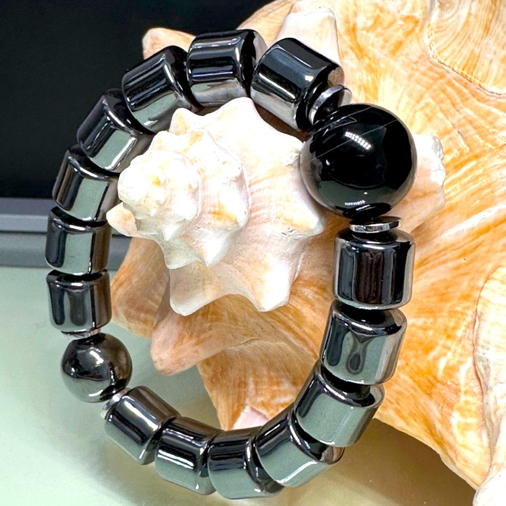 GUNPOWDER HEMATITE + ONYX NATURAL STONES BRACELET size 7.5”